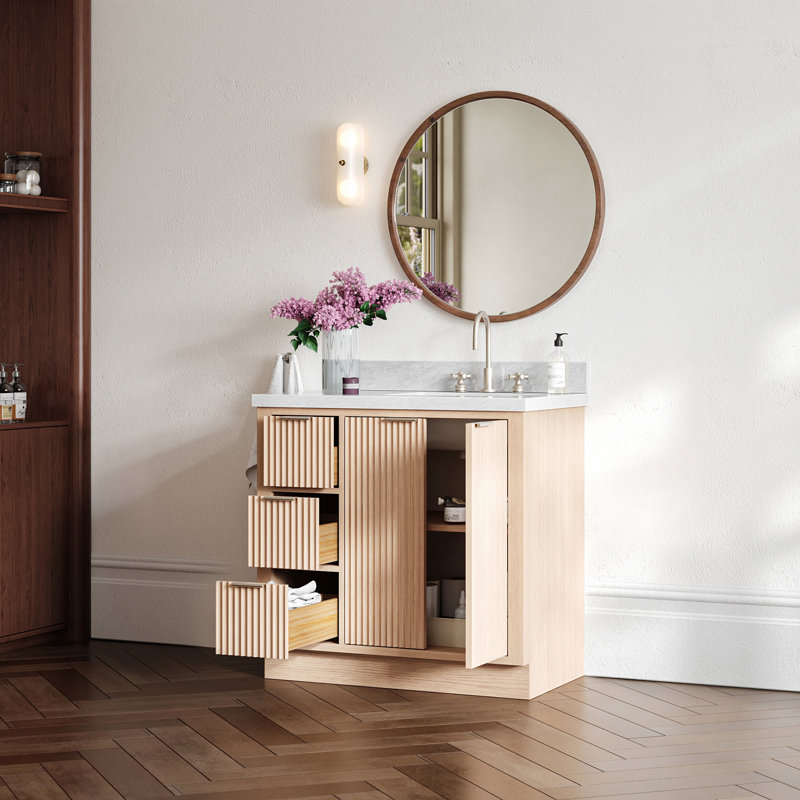 Meuble-lavabo simple en bois massif de 36 po avec plateau en marbre Carrara de 1,5 po Haun, évier droit et rectangulaire, Oui