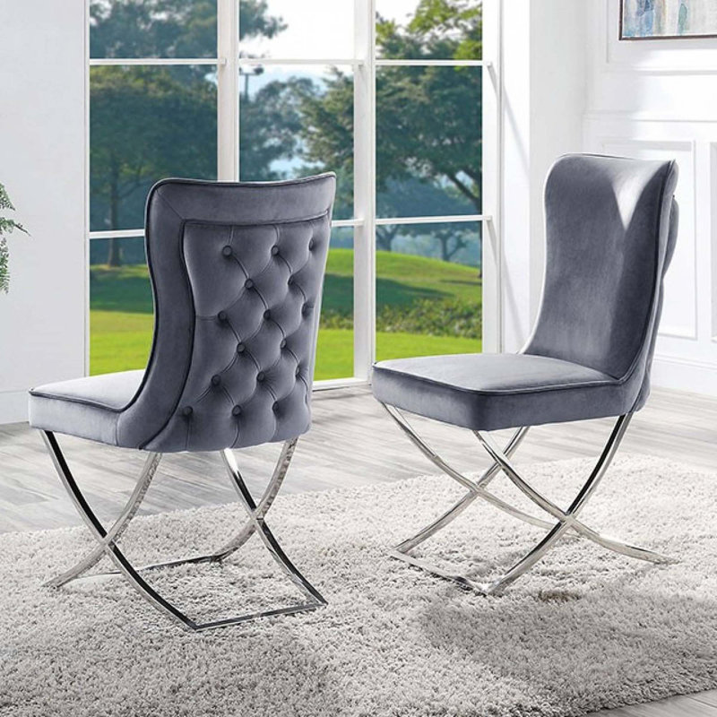 Velours gris 2 pièces chaises capitonnées cadre chromé