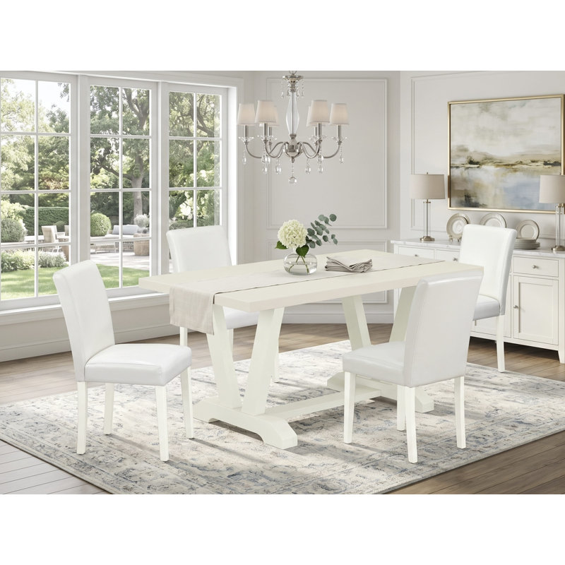 Ensemble de table de salle à manger 5 pièces comprenant une table de cuisine rectangulaire avec pieds en V et 4 chaises Parsons en similicuir blanc, multicolore