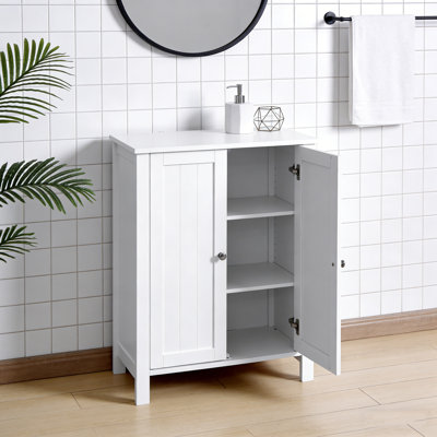 White Bathroom Floor Storage Cabinet With Double Doors & Adjustable Shelf