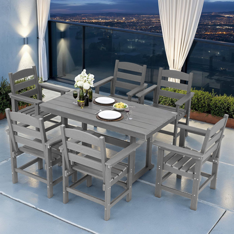 7PC Modern Outdoor Dining Set for 6, Durable HDPE Table and Chairs with Comfortable Ergonomic Design, Gray