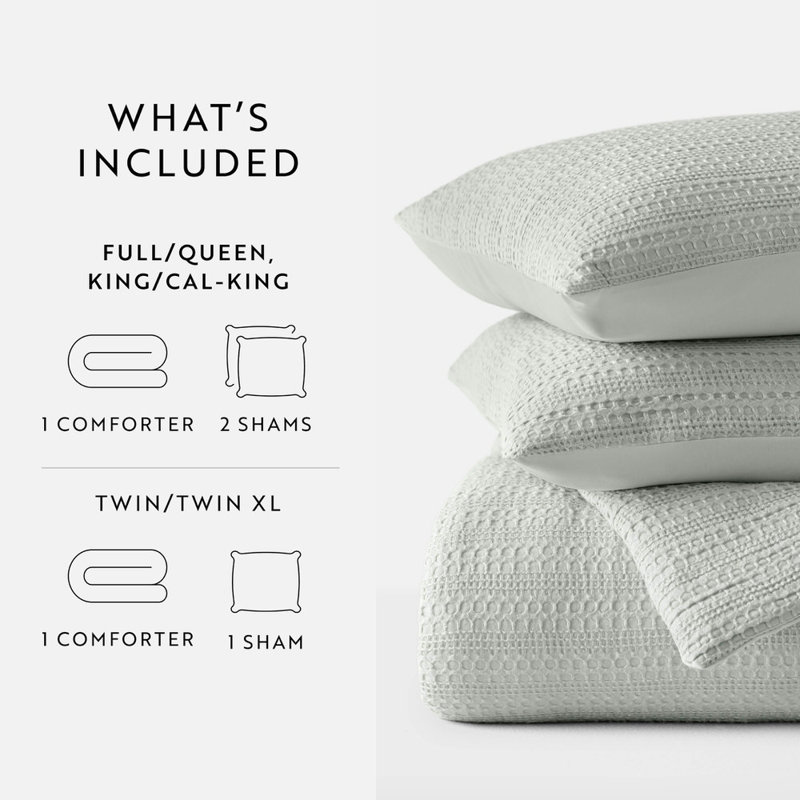 Waffle Textured 3 Piece Comforter Set All Season Down-Alternative Ultra Soft Bedding, Green
