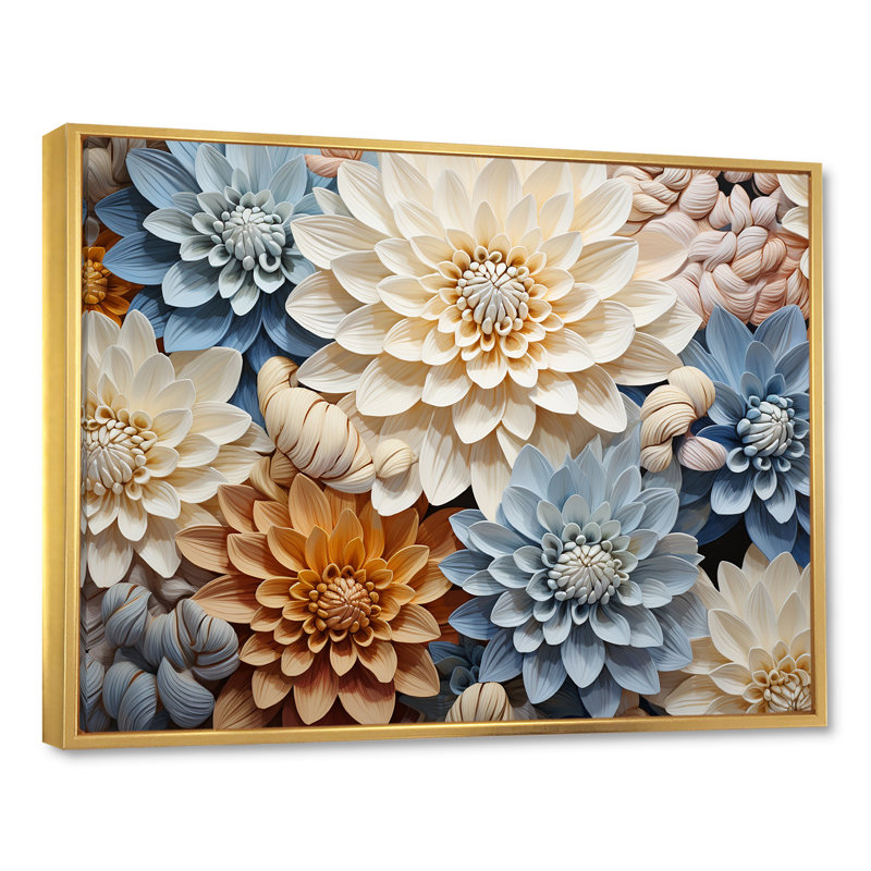 «Simplicity Mums Bloom» en beige et bleu pâle sur toile, H 30 po x l 40 po x P 1,5 po, Cadre flottant doré