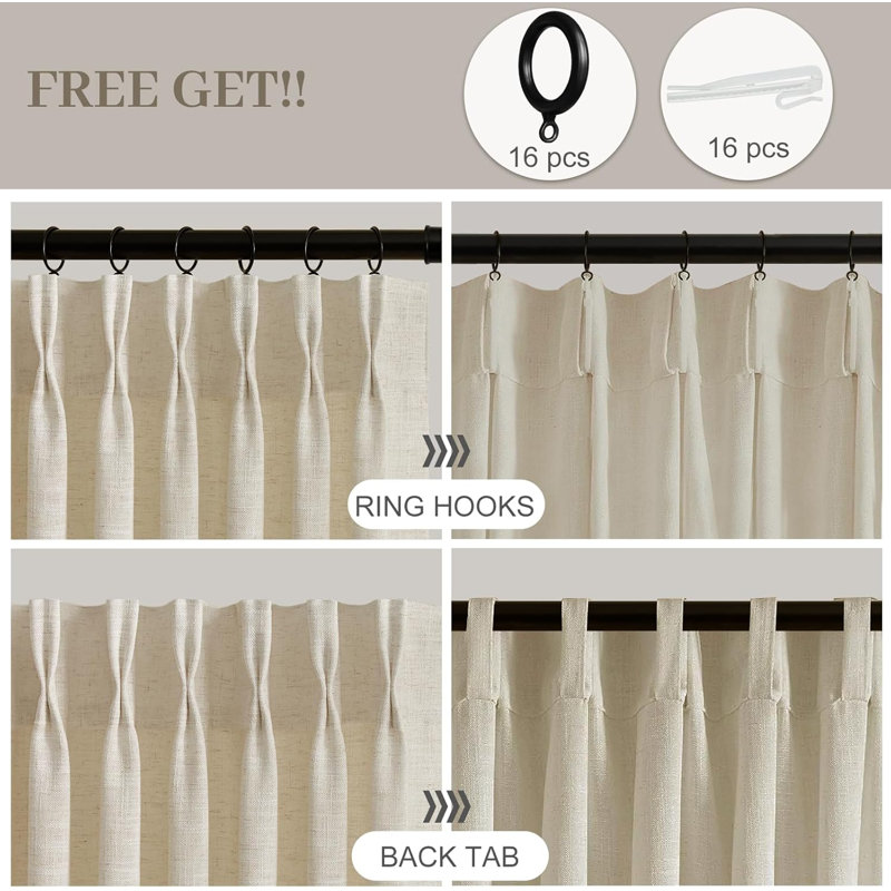 YZ Home Pinch Pleated Linen Curtains 2 Panels Set, Light Filtering Linen Blend Sheer Drapes Memory Trained Pleated Curtain Back Tab with Hooks Rings for Living Room Bedroom