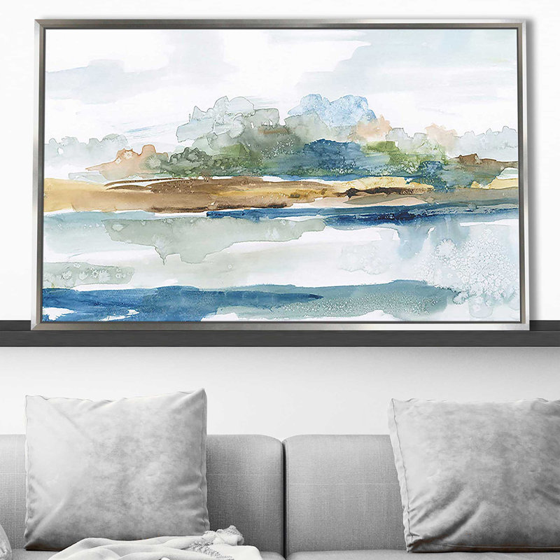 «Blue Solace» par Nan - Peinture, Cadre flottant argent, H 39,5 po x l 63,5 po x P 2 po
