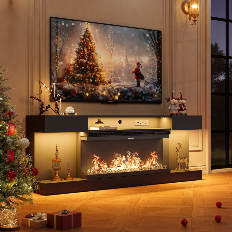 70" Modern TV Stand with Electric Fireplace Included for 80" TVs, LED TV Console & Entertainment Center with Storage