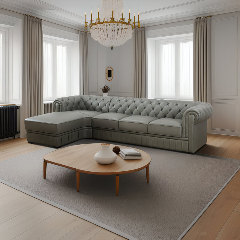 Dzeisonas Leather L-Shaped Sectional, Gray Leather, Left Hand Facing