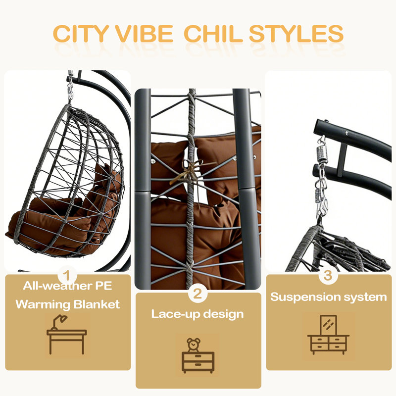 Double chaise d'œuf suspendue avec support, balancelle de hamac de patio avec causeuse à coussin pour la chambre à coucher