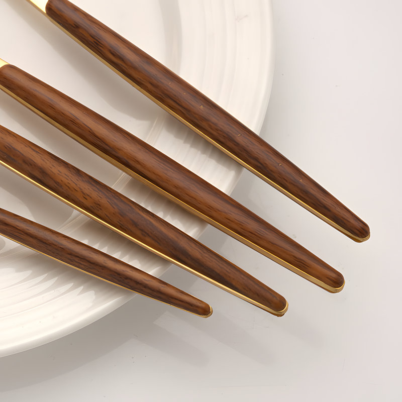 Ensemble de couverts 24 pièces en acier inoxydable avec poignée en grain de bois, ensemble de cuillères à couteaux fourchettes pour les repas occidentaux