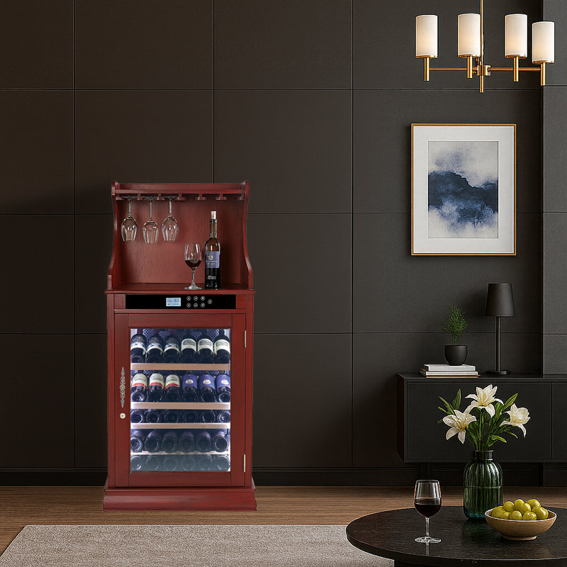 Freestanding Wine Cabinet, Stylish Wine Cooler With UV-Resistant Glass Door, LED Light & Storage Rack