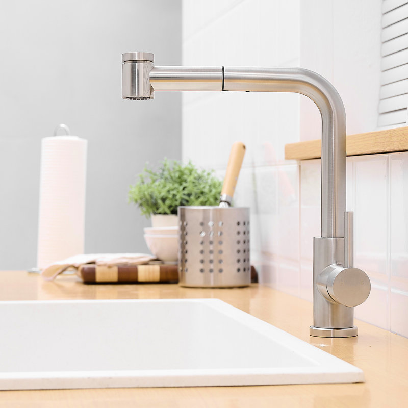 Brushed Nickel Kitchen Faucet With Pull-Out Spray, Contemporary Look, Stainless Steel, Ceramic Single Handle Faucets Pull Down , Modern Appearance, Filler
