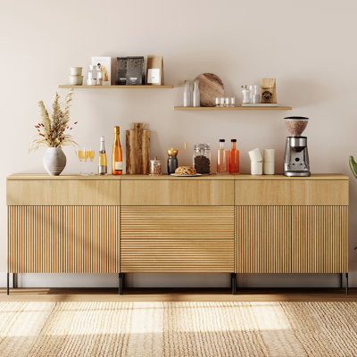 94.5" Modern Reeded Minimalist Sideboard With Doors And Drawers, 3-In-1 Wooden Credenza Storage Cabinet For Kitchen, Dining Room