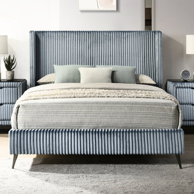 Blue Queen Bed - Charming Wide Wale Corduroy Upholstery, Elegant Wing Back Headboard, 4 Slats Sized Enrapturing Modern