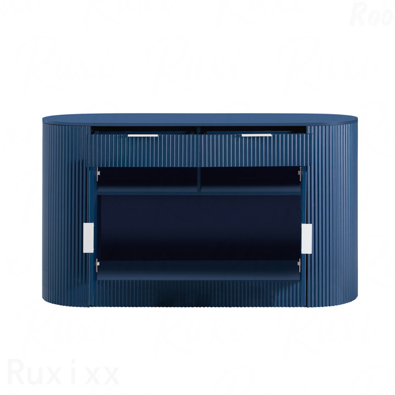55.1" Modern Curved Side Buffet Cabinet with Drawers & Side Shelves, Navy Blue