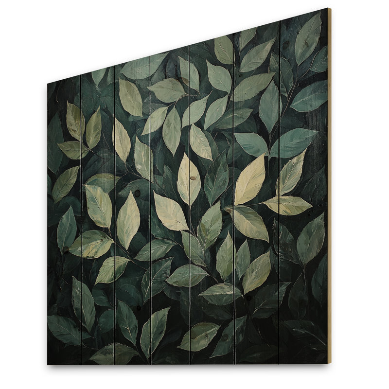 Olive Green Leaves Foliage Collage II - Leaves  Wood Wall Decor - On Natural Pine Wood, 15" H x 15" W x 0.78" D
