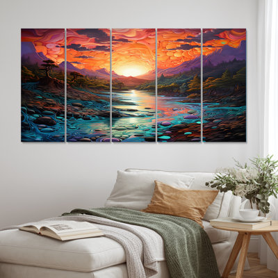 Sunset In Mountain River - Couple Canvas Wall Art - 5 Equal Panels