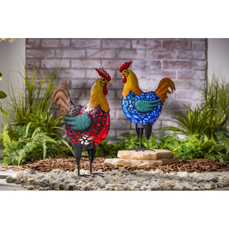 Charmante statue de jardin coq solaire en métal bleu 20 po