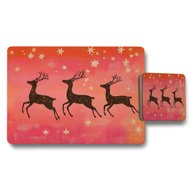 Reindeer Placemat And Coaster Set In Pink Sunset With Gold Stars