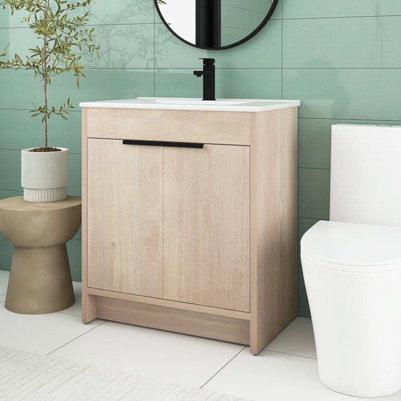 30'' Single Bathroom Vanity with Ceramic Top, Plain Light Oak