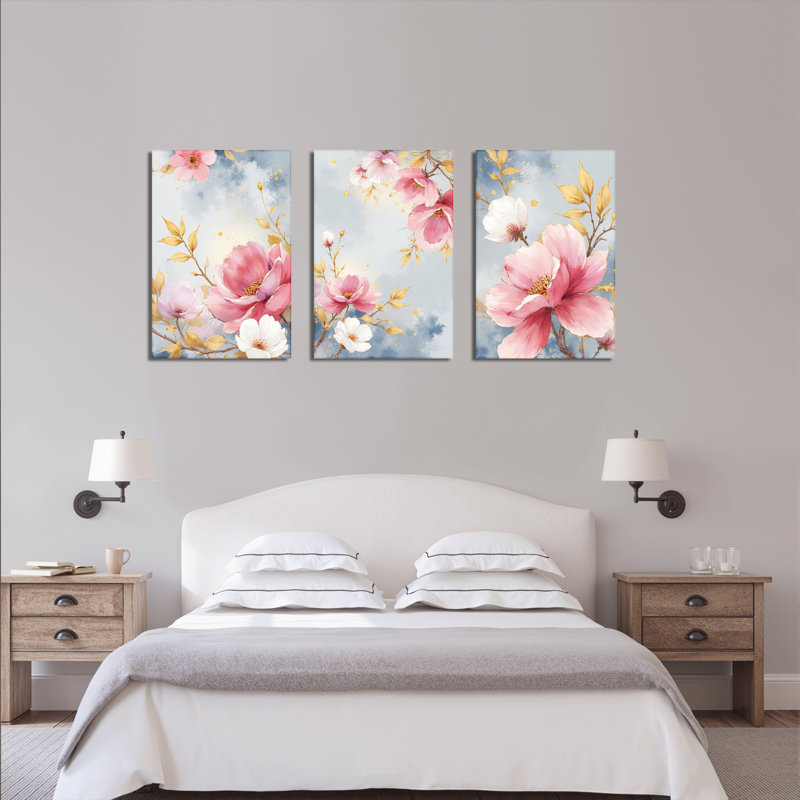«Blush Pink Floral», reproduction d'art sur toile tendue sur toile (ensemble de 3), H 24 po x l 48 po