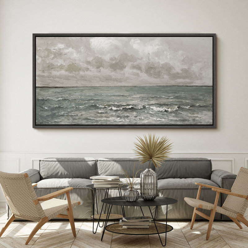 Plage côtière, mer nautique orageuse, H 30 po x l 60 po, Noir, noir, noir, noir
