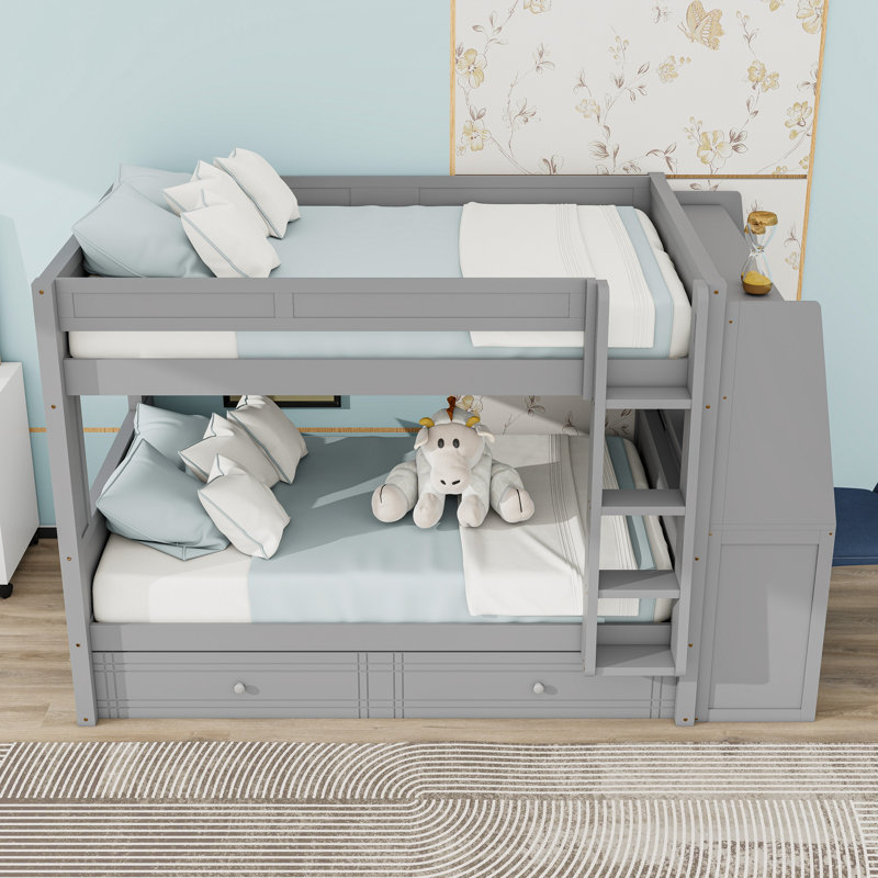 Lit superposé double au-dessus de 2 tiroirs avec bureau, tablettes et garde-corps, gris