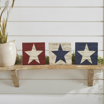 Festive Finds RWB Star MDF Block Signs Set of 3 5x5x1