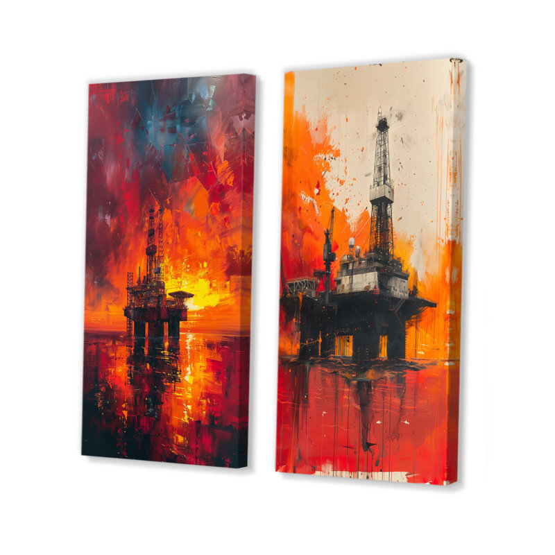 Ensemble de 2 œuvres d'art sur plate-forme à huile rouge et orange Sunrise Rodeo I, H 28 po x l 24 po, Toile tendue