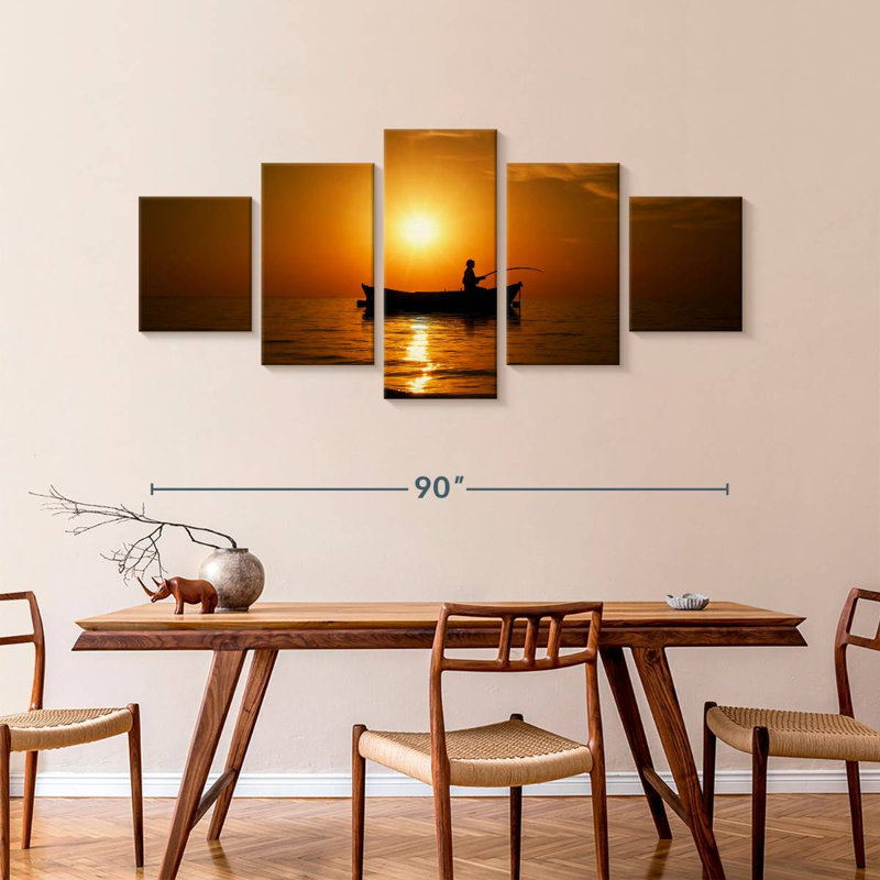 Pêche au coucher du soleil, H 42 po x l 92 po