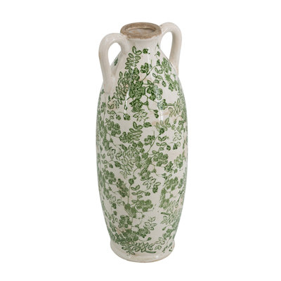 Vase en céramique blanc avec motif floral vert et petites poignées