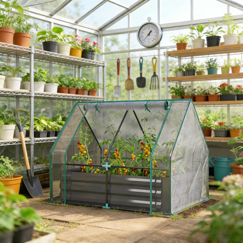 Raised Garden Bed,Mini Greenhouse,2-In-1 Raised Planter Greenhouse, Clear/Dark Gray