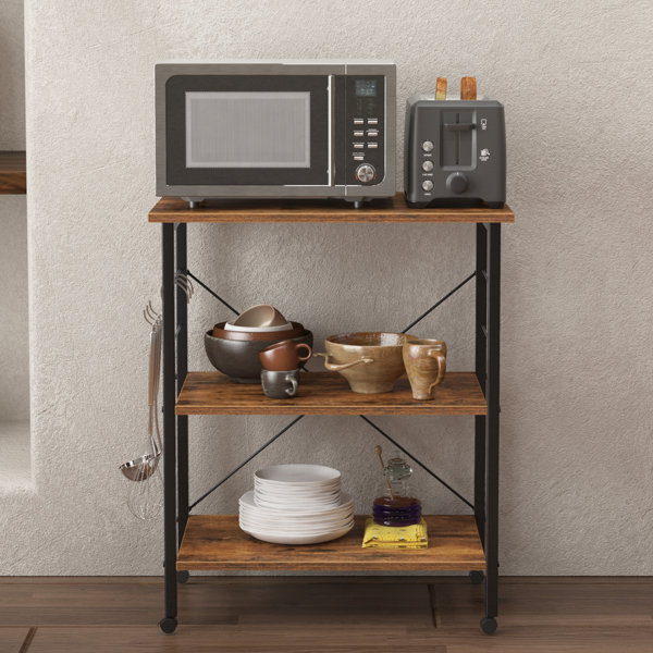 Multifunctional Kitchen Shelf with 8 Hook Microwave Ovens with Adjustable Feet on 4 Layers(Rustic Brown)