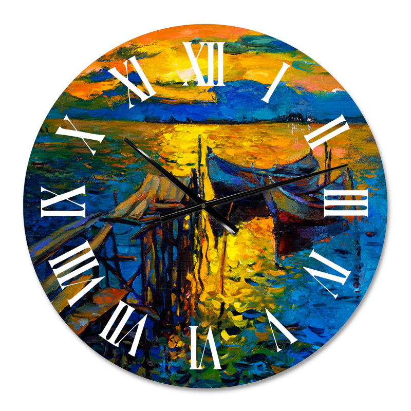 Bateau pendant la soirée, lueur au lac II - horloge murale nautique et côtière, Petit
