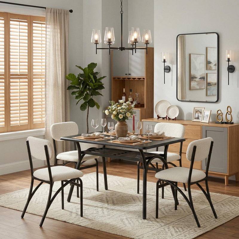 Ensemble de table de salle à manger pour petits espaces, table rectangulaire moderne avec étagère de rangement, 4 chaises bouclées, ensemble de salle à manger à finition marbre, appartement, blanc et marbre
