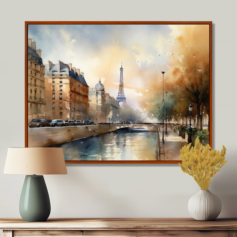 «Beautiful Pastel Paris Scenery», art mural sur toile Paris, H 16 po x l 32 po x P 1 po, Cadre flottant brun