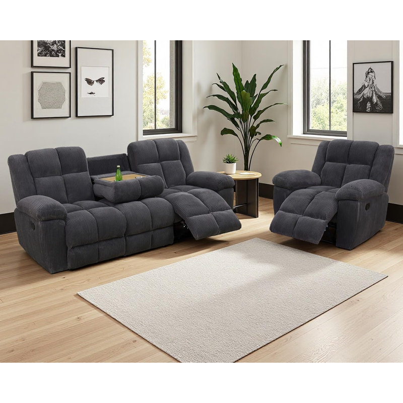 2-Piece Premium Corduroy Manual Recliner Sofa Set With Drop-Down Coffee Table,And Cup Holders, Gray