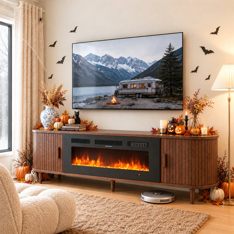 70" Walnut Fluted Fireplace TV Stand With Remote & Touch Control, Adjustable Flame Colors & Temperature, Entertainment Center With Storage For 80" Tvs, Modern Media Console For Living Room