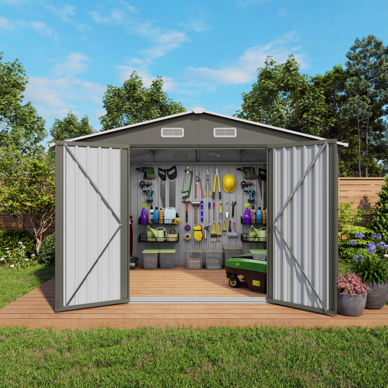 Gray Metal Outdoor Storage Shed 10 X 8 Ft, Lockable Door, Air Vent, And Window, Suitable For Storing Snow Blowers, Bicycles, Easy - To Assemble Large 120" L 96" W 76.4" H With Latch On Double Doors,