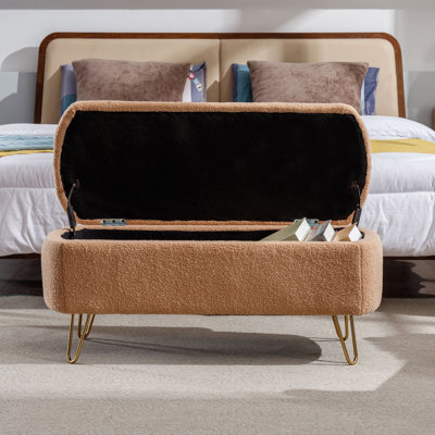 Banc de rangement avec repose-pieds Camel pour pieds dorés, banc d'entrée en fausse fourrure de chameau moderne rembourré avec rangement pour la chambre du salon