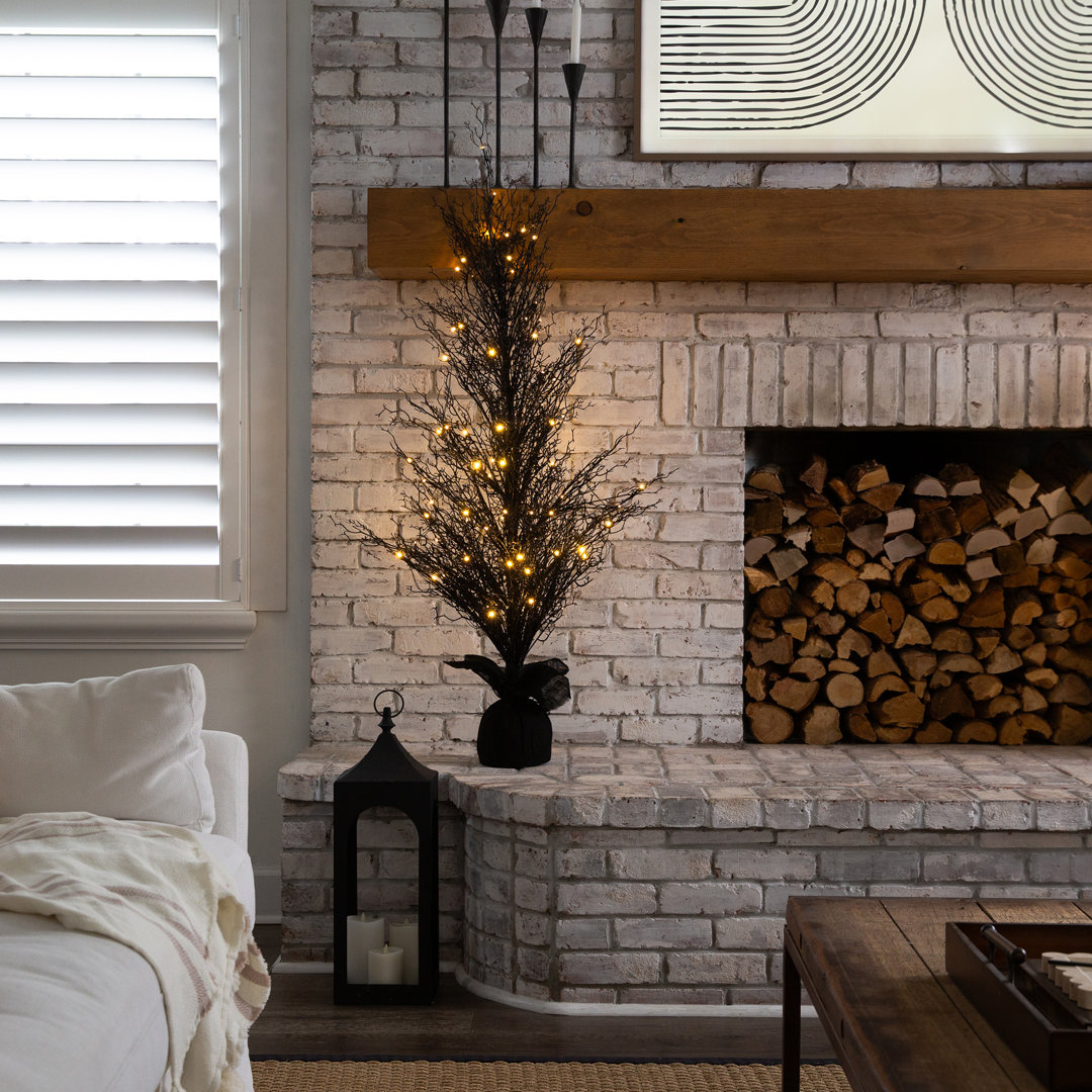 Pre-Lit Halloween Black Twig Artificial Fall Tree in Burlap Planter Primrue