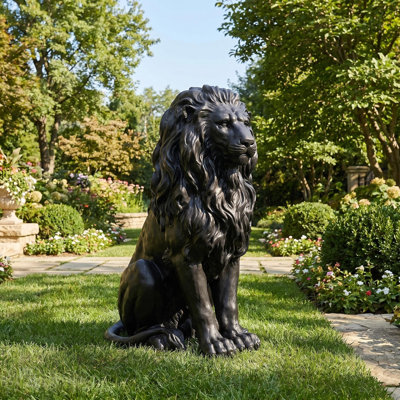 20.75"H  Black Resin Lion Statue Outdoor Garden Sculpture, Guardian Decorative Animal for Entryway, Front Porch, Estate & Home Decor