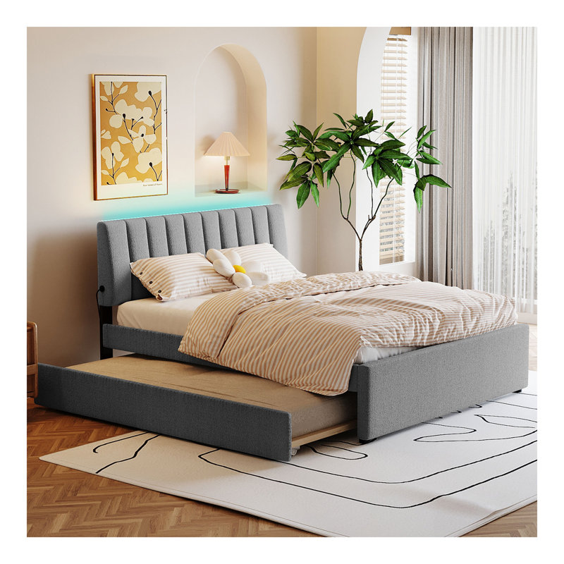 Lit plateforme tapissier grand avec lit gigogne simple TG Teddy