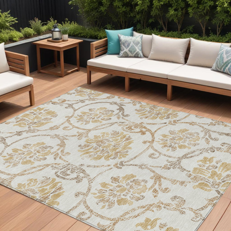 Tapis intérieur lavable floral beige ivoire et doré 9 pi x 12 pi