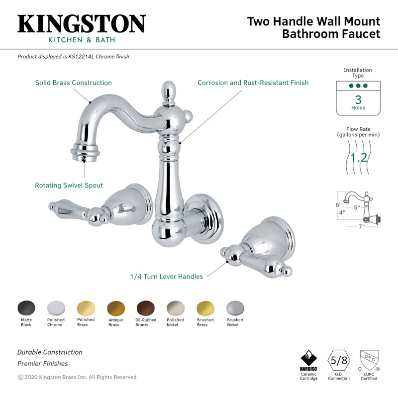 Kingston Brass Heritage Two-Handle 3-Hole Wall Mount Bathroom Faucet, Oil Rubbed Bronze