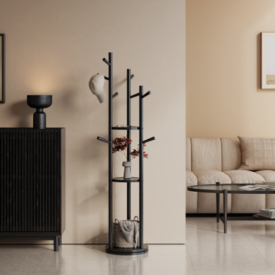 Rotating Solid Wood Coat Rack with 3 Storage Shelves & 9 Hooks