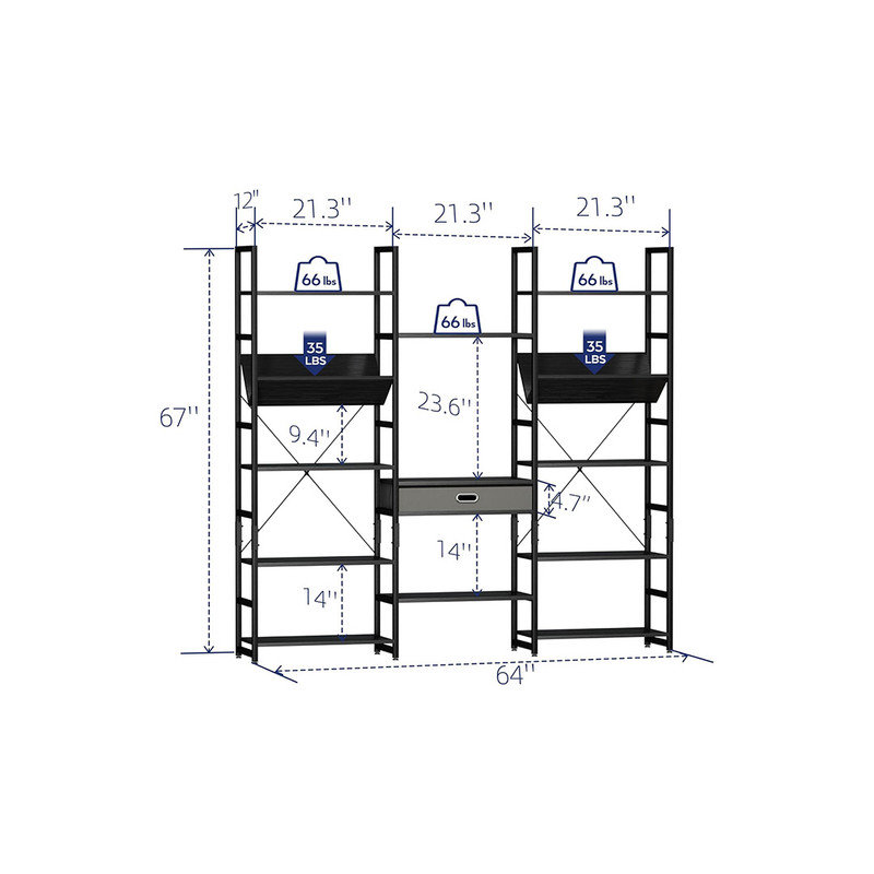 Black Adjustable Triple Wide 5-Tier Industrial Bookshelf