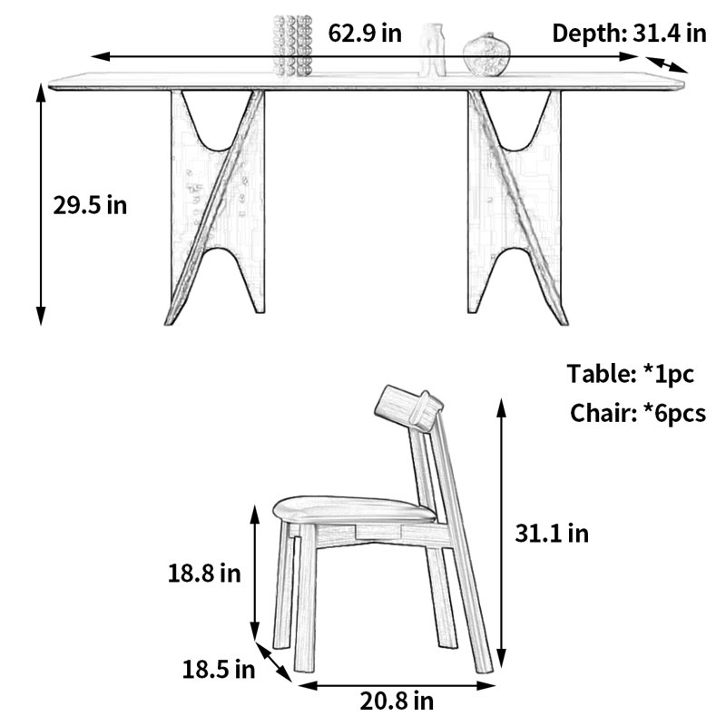 Light simple creative dining table and chair, 29.5"H x 62.9"L x 31.4"W