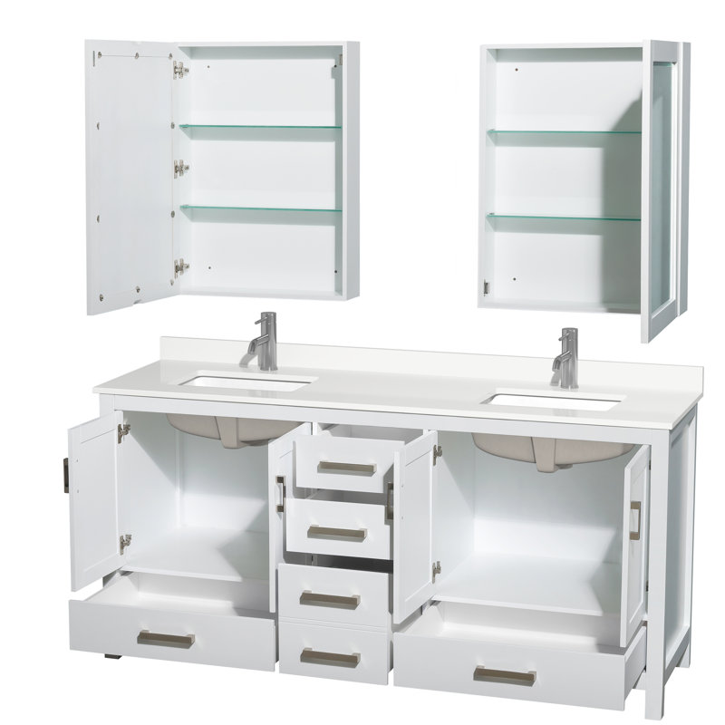 Sheffield 72" Freestanding Double Bathroom Vanity with Quartz Top with Medicine Cabinets, Giotto Quartz, White, Chrome