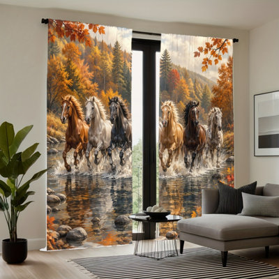 2 PCS automne forêt cascade galopant cheval filtrant la lumière des rideaux de poche de tringle, rideaux majestueux de nature sauvage à imprimé de paysage, décorations de grande saison pour salon, chambre à coucher, bureau, traitement de fenêtre dynamique de montagne