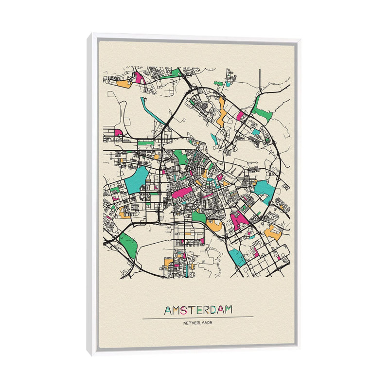Amsterdam, Netherlands Map by Ayse Deniz Akerman - Print on Canvas, White Floater Frame, 66.04 cm H x 45.72 cm W